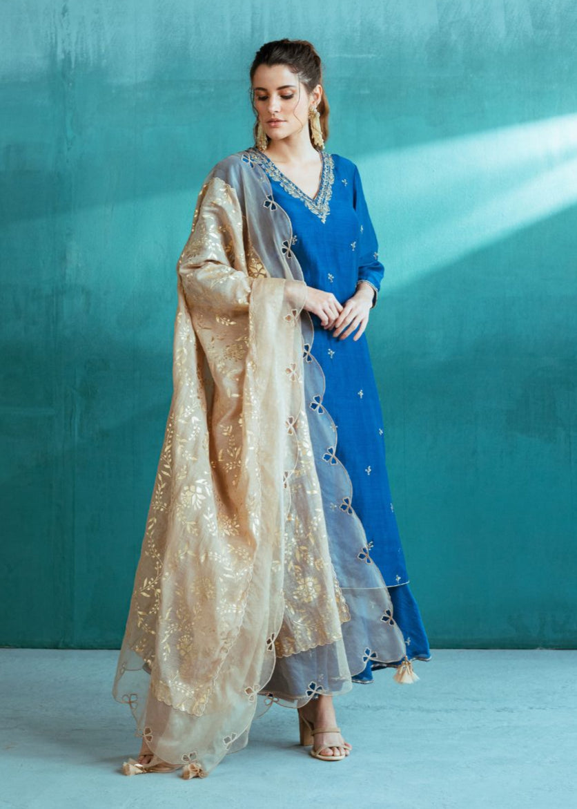 Blue Chanderi Kurta Sharara Set