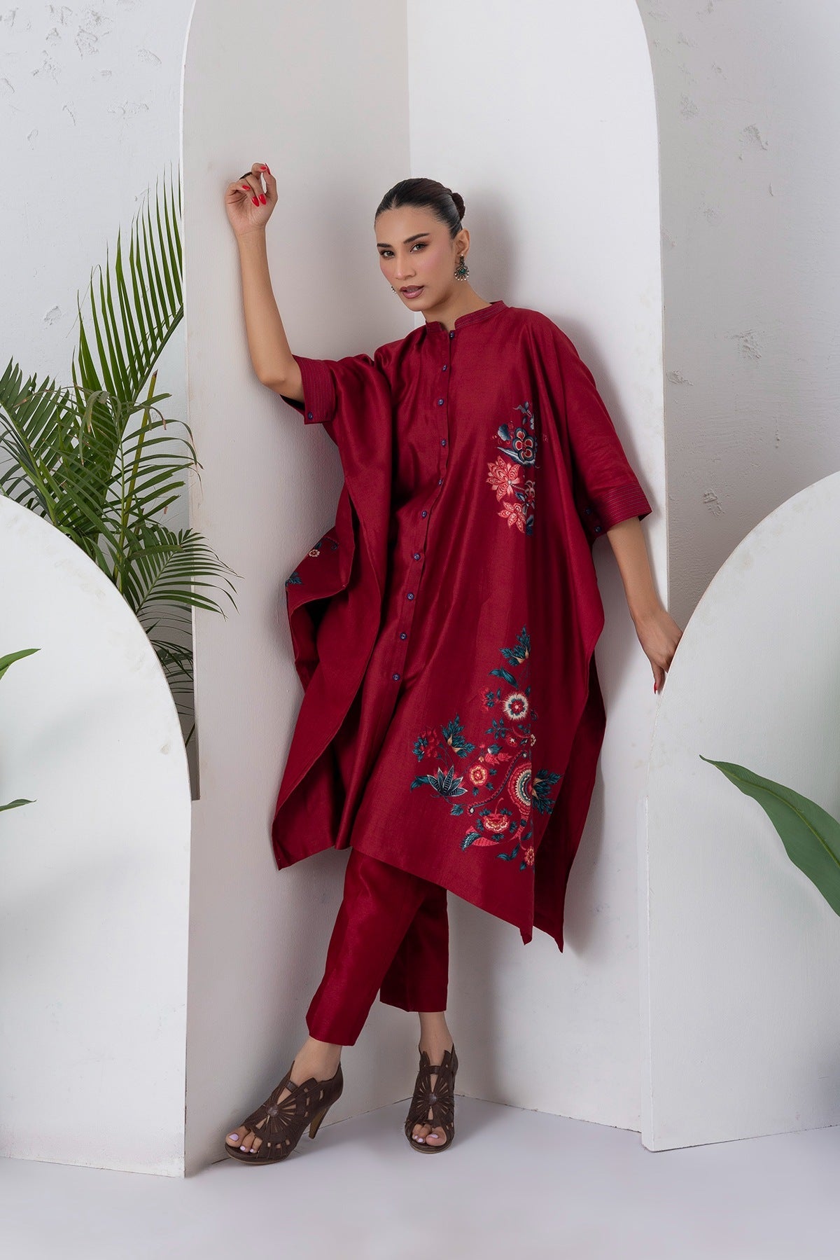 Maroon Silk Chanderi Printed Kaftan Style Dress Set (3 PCS)