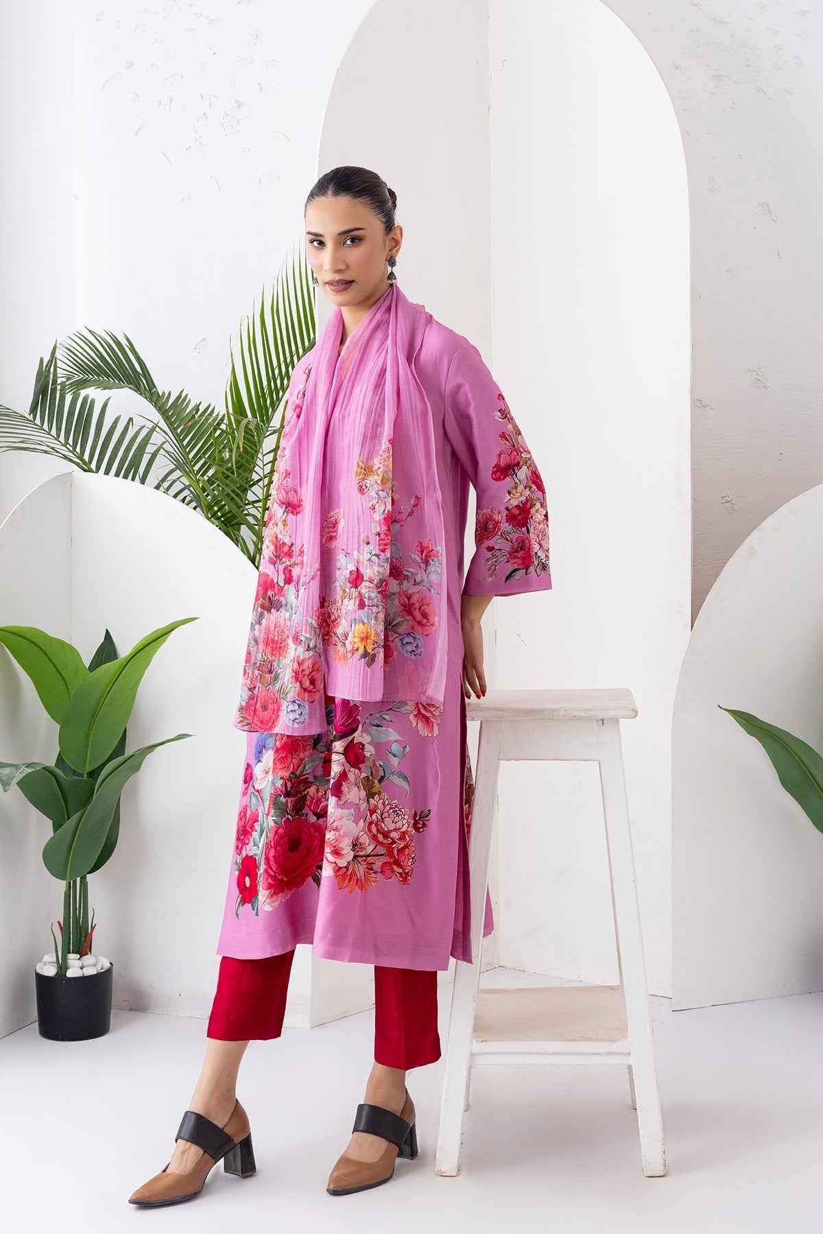 Salmon Pink Silk Chanderi Printed Tunic Set (2 PCS)