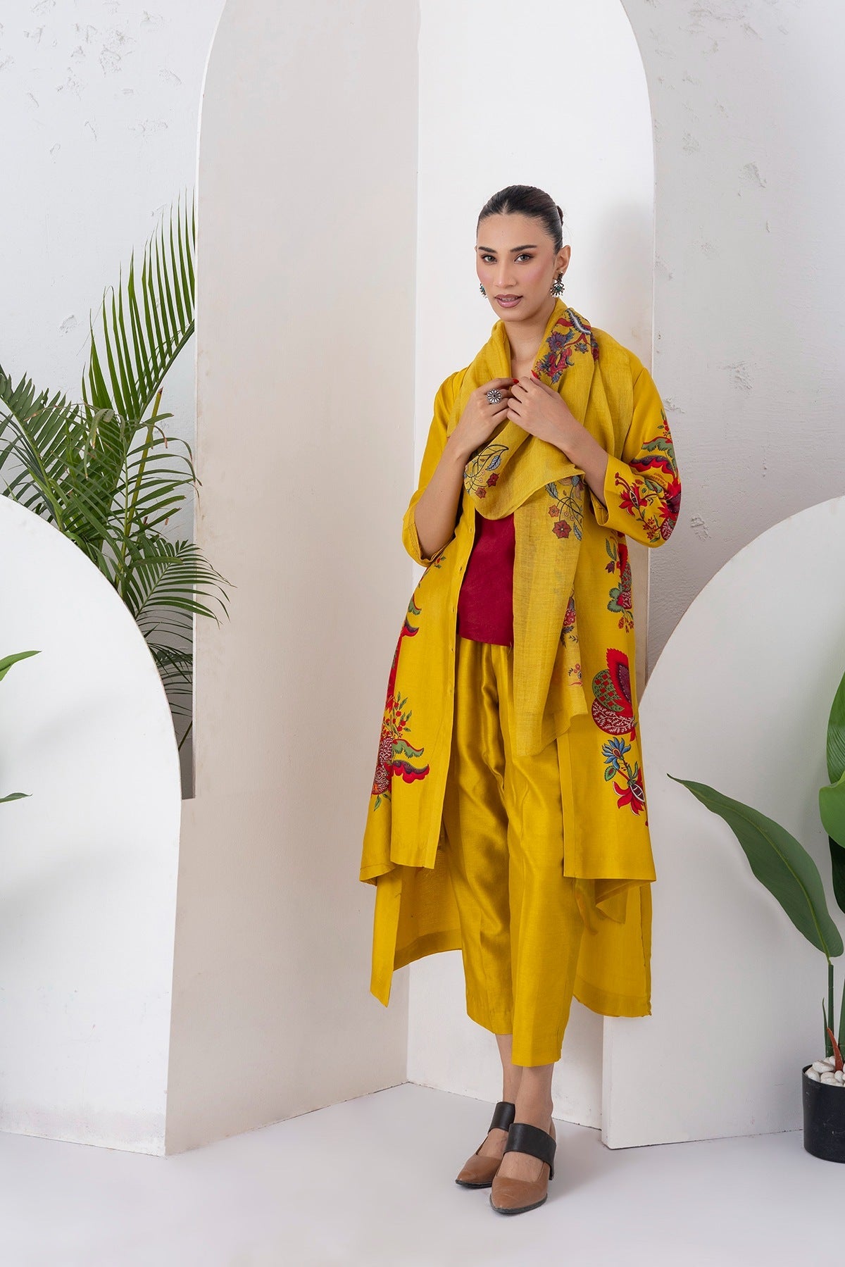 Yellow Silk Chanderi Printed Front Open Floral High-Low Dress Set (3 PCS)
