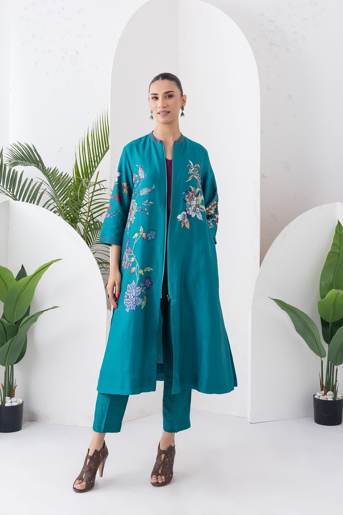 Emerald Silk Chanderi Floral Printed Front Open Dress Set (3 PCS)