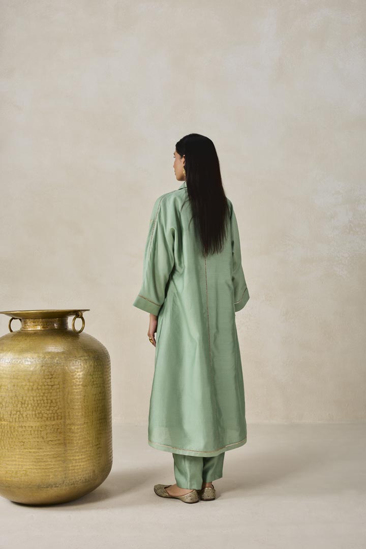 Sage Green Chanderi Shirt Kurta Salwar Set for Festive Wear