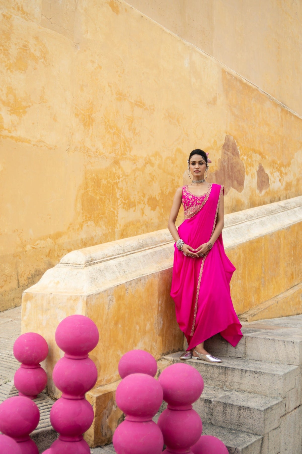 Bright fuschia draped saree