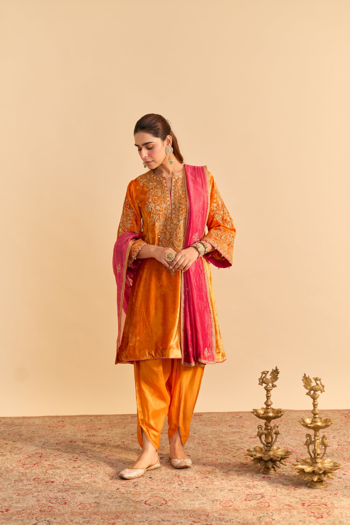 Orange Velvet A-Line Kurta Set with Tulip Dhoti & Dupatta