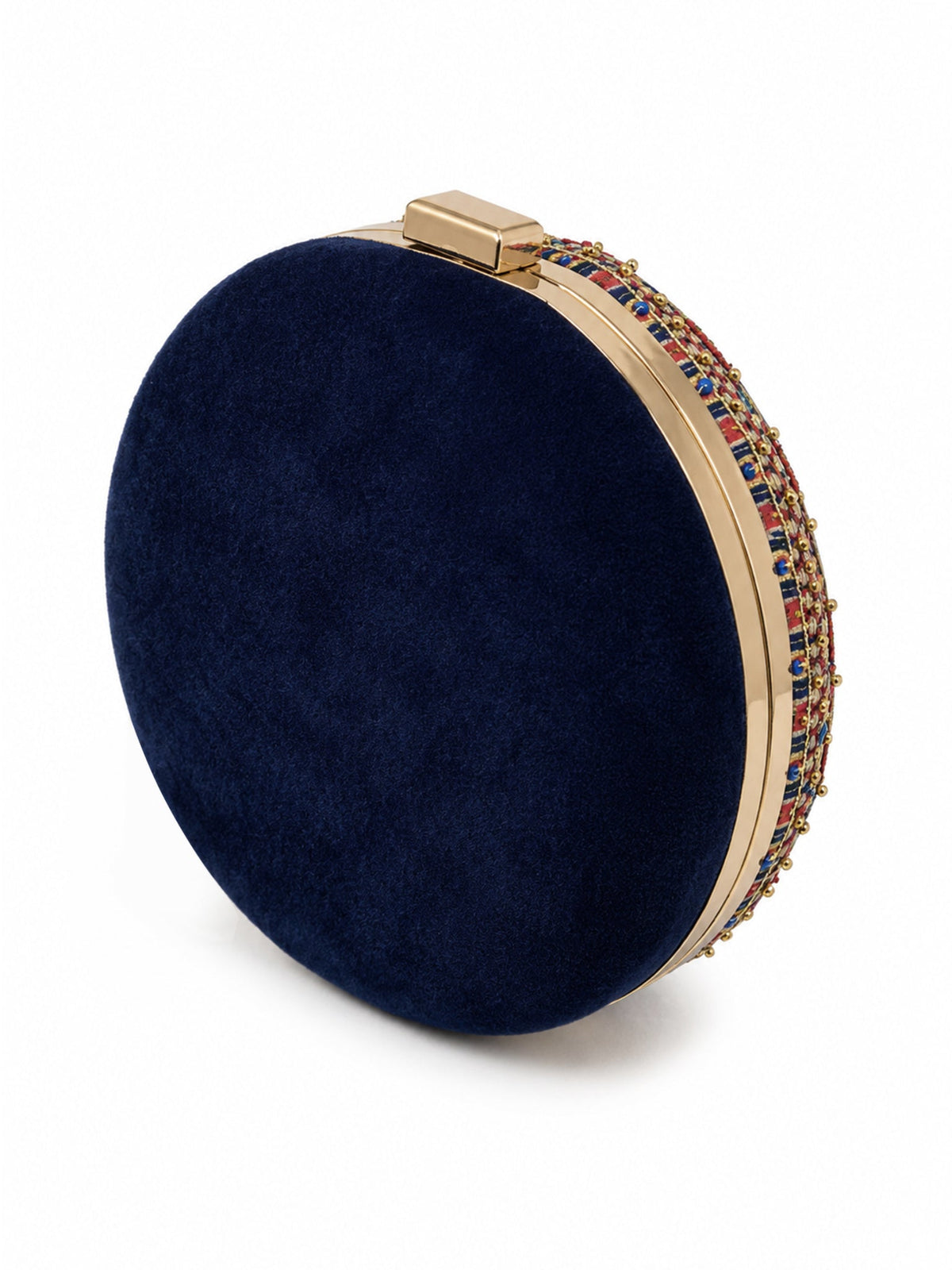 Blue Mandala Printed Embroidered Round Clutch Bag with Gold Tassels