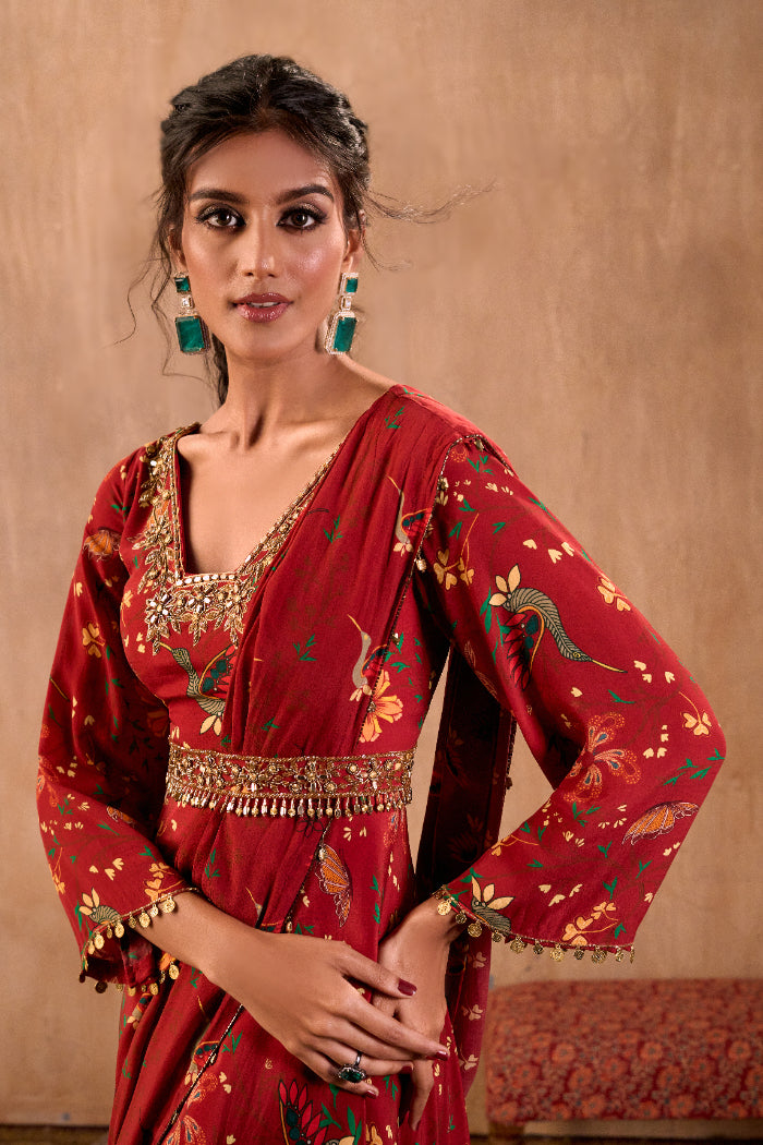 RED PRINT EMBROIDERED ANARKALI WITH DRAPE AND BELT SET - image 4