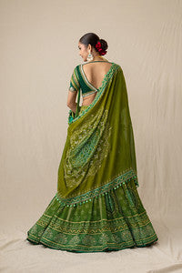 Green ombre printed bandhej lehenga set