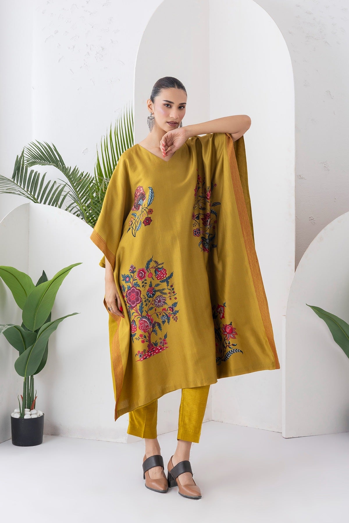Mustard Silk Chanderi Chintz Printed Kaftan Set (2 PCS)