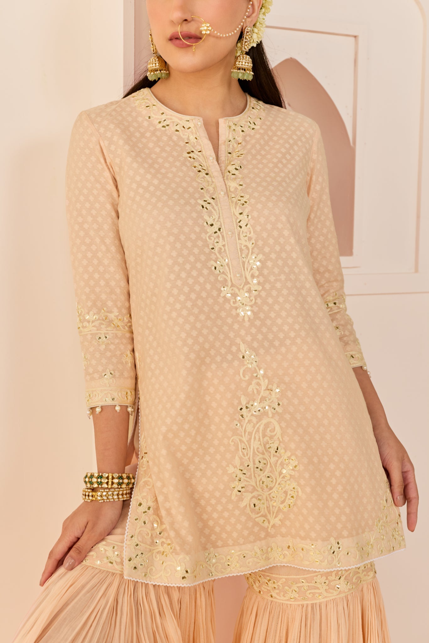 YASNEEN -DAISY IVORY SHORT KURTA WITH GARARA AND DUPATTA