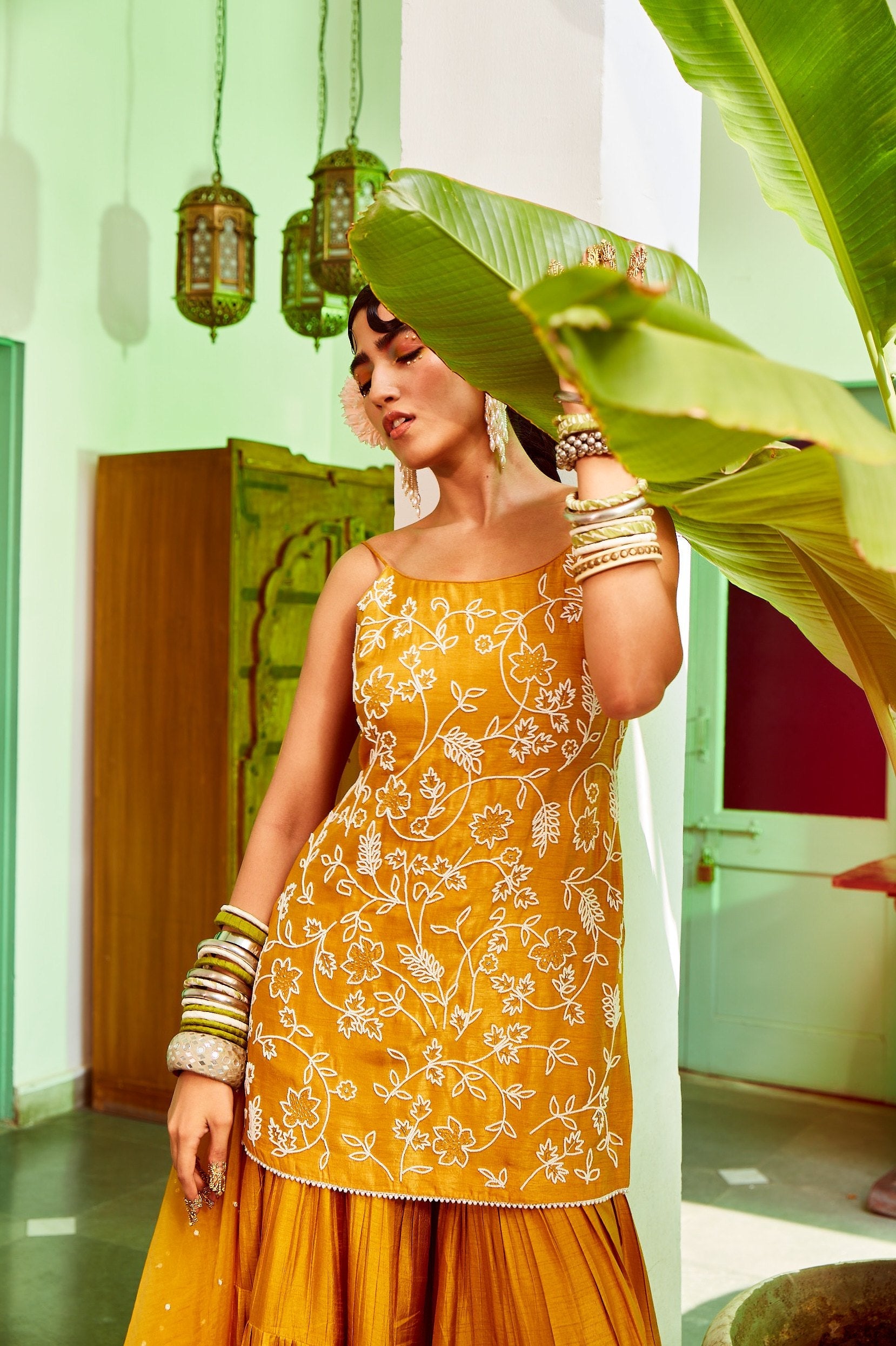 Mustard Kurta With Tiered Sharara