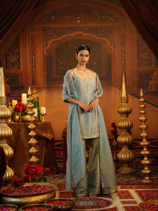 ice blue kasab silk spaghetti kurti set - image 4