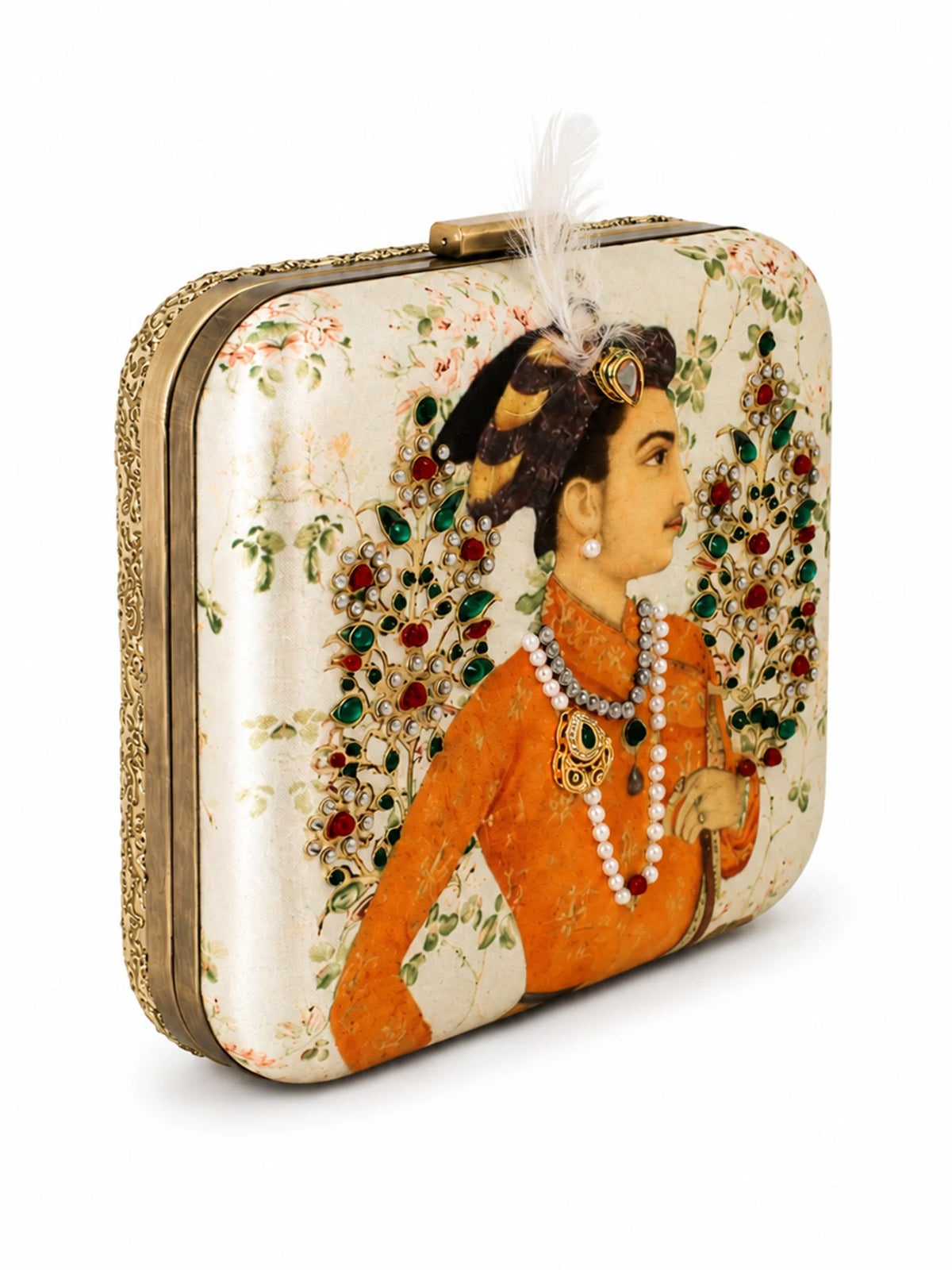 Indian Prince Portrait Embellished Clutch Bag with Gold Detail