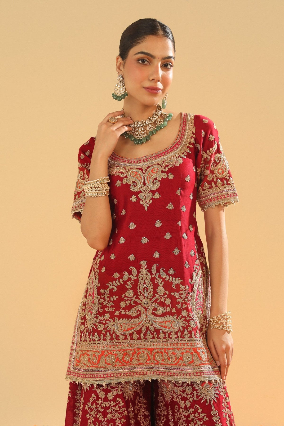 Sehrish - Deep Red Short Kurta with Sharara and Odhni