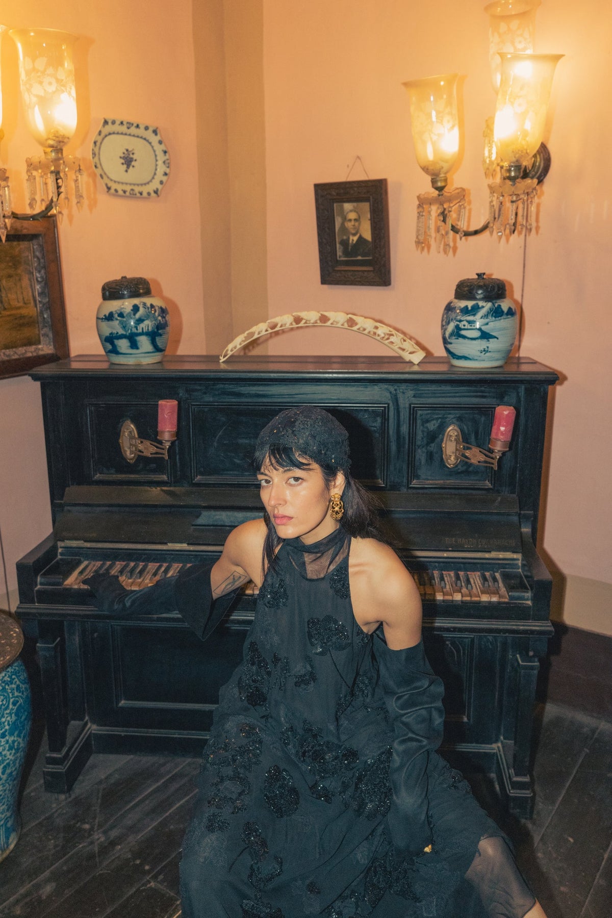 Black, Persian Embroidery, Silk Georgette & Tulle, Full-Length Dress, Sheath Silhouette