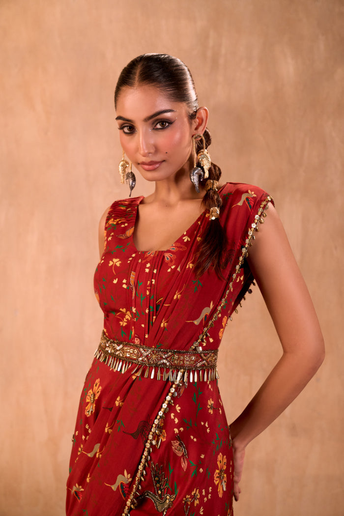 RED PRINT EMBROIDERED JUMPSUIT WITH DRAPE AND BELT SET - image 4