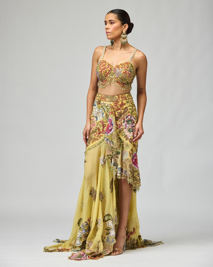 Floral Embroidered Silk Organza Asymmetric Co-ord Set for Cocktails
