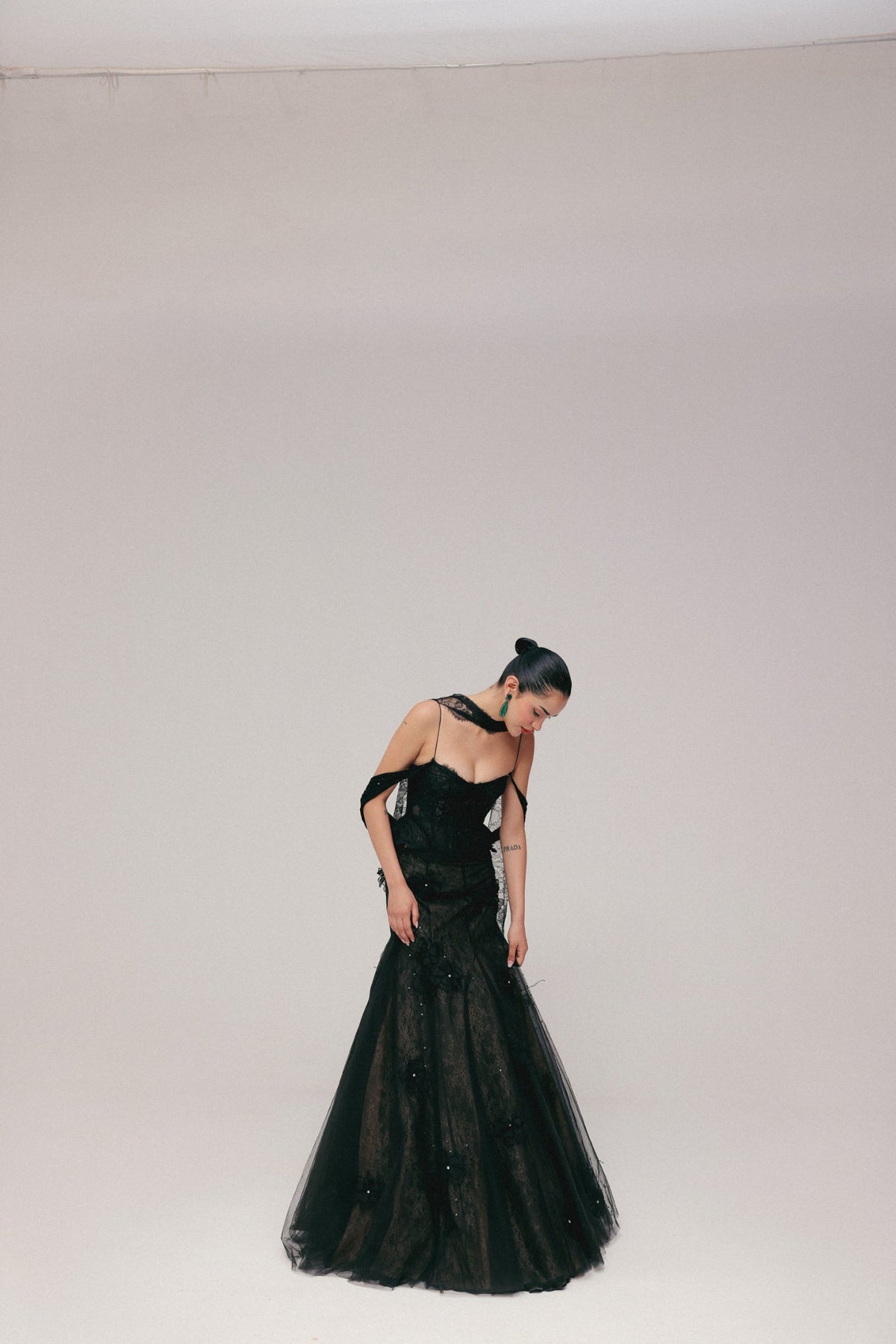 Crystal & Feather Embroidery, Soft Tulle & French Lace with Silk, Saree Set, Corset Silhouette