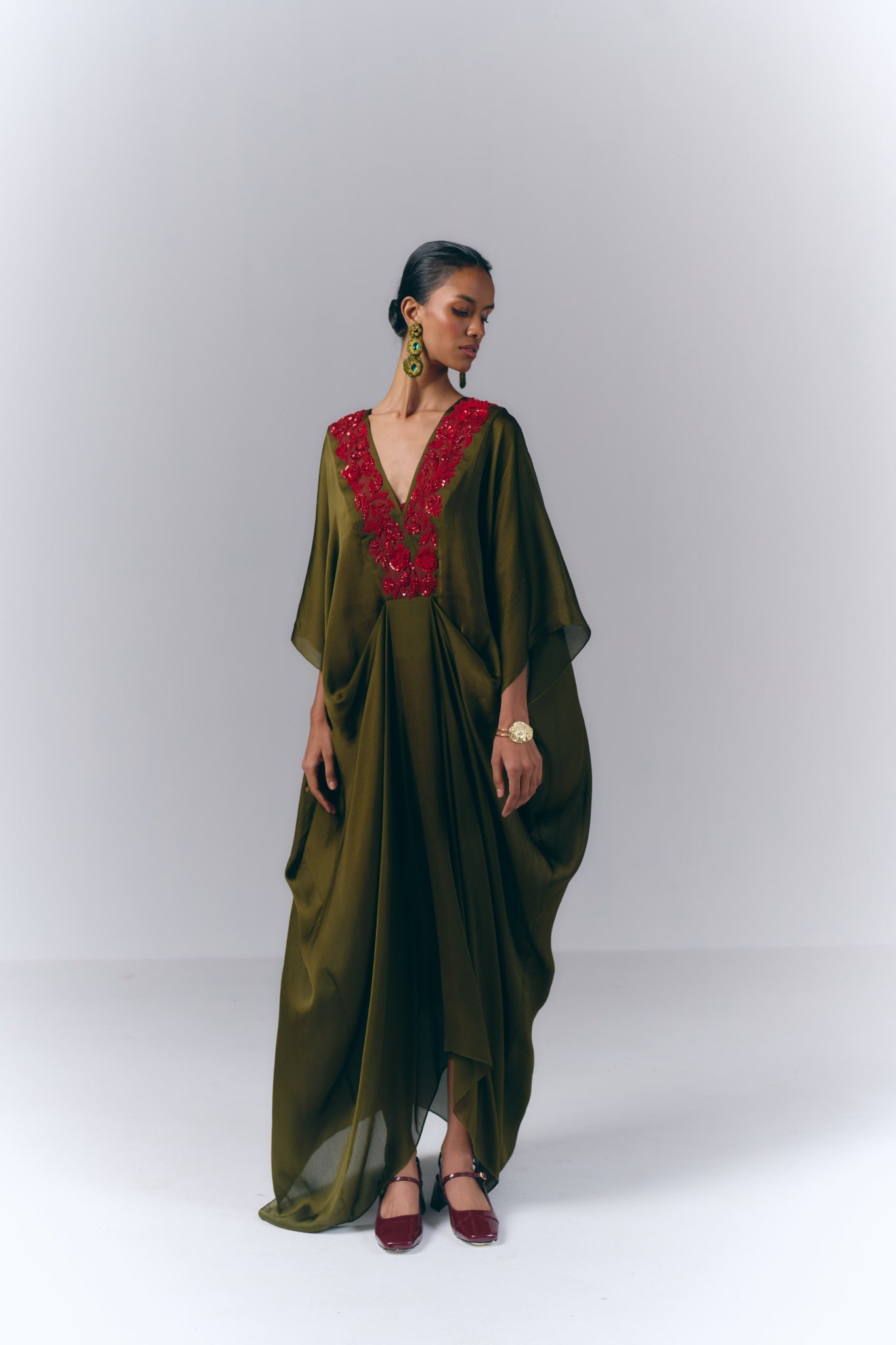 Green Embroidered Draped Kaftan