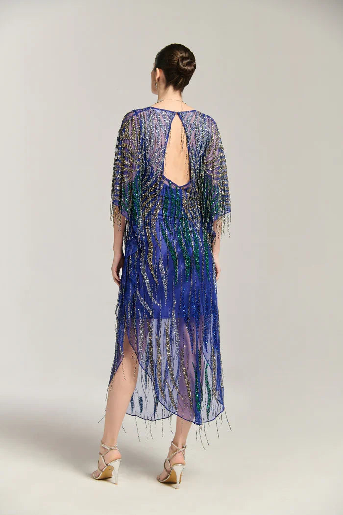 Blue & Gold Beaded Sequin Kaftan Dress - Luxury Evening Cape