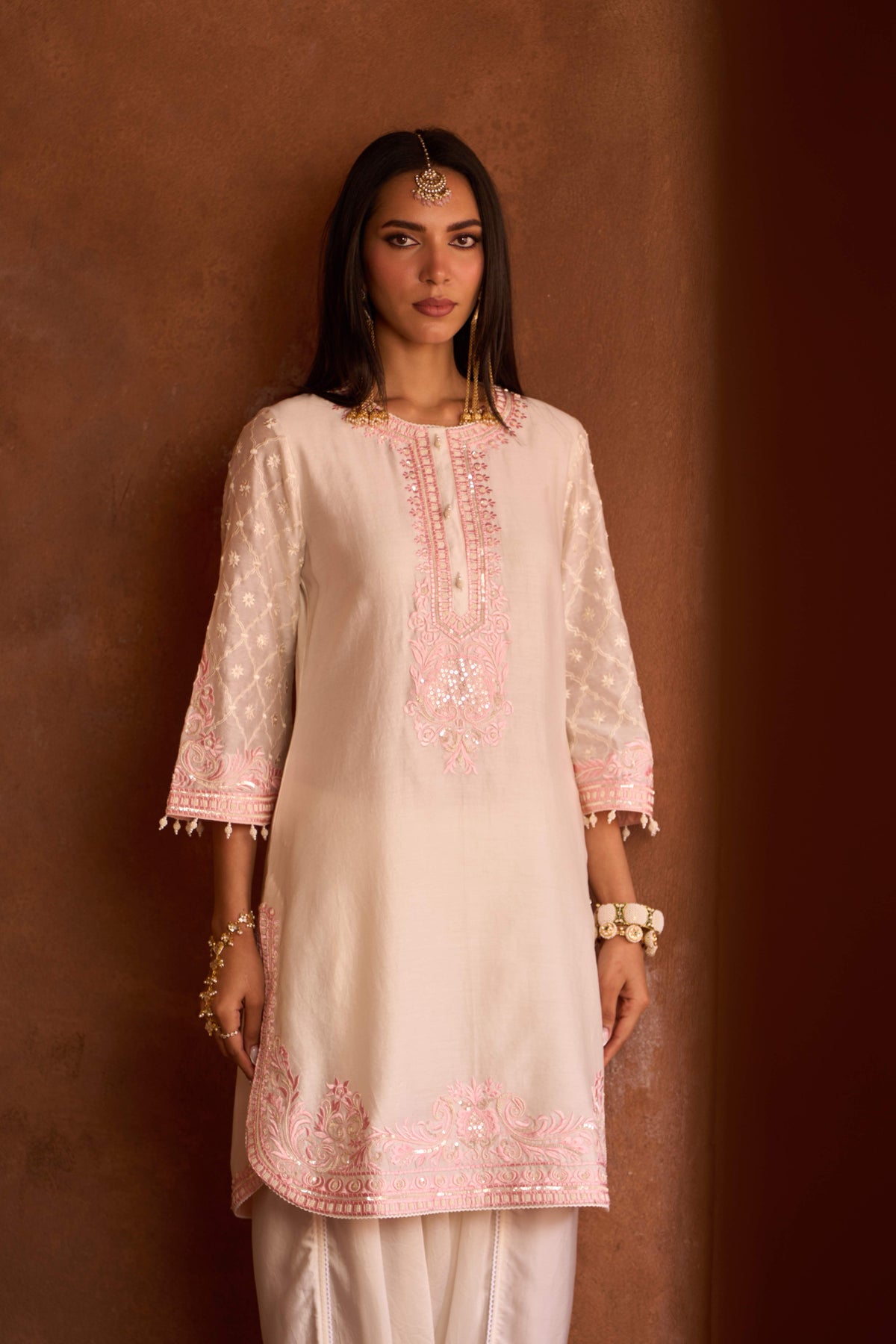 Ruhi Ivory & Pink Silk Chanderi Short Kurta with Dhoti Set