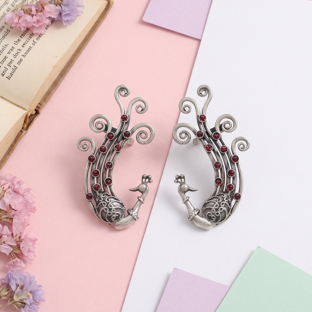 Handcrafted Peacock Design Silver Earrings by Sangeeta Boochra