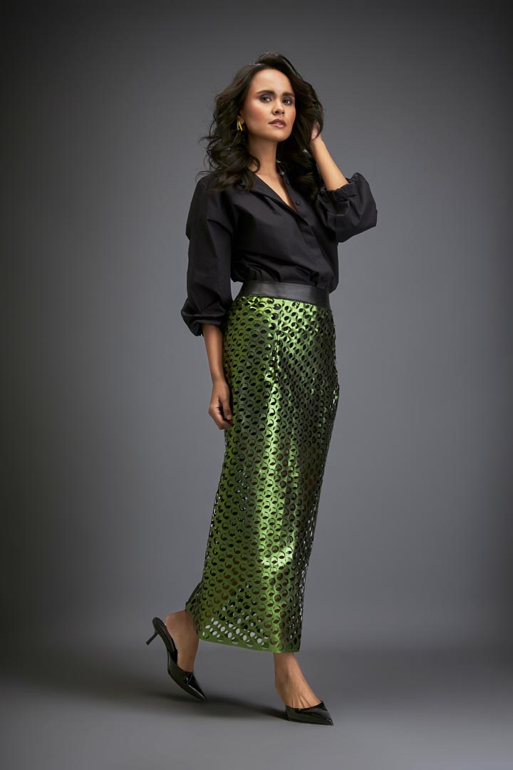 Metallic Skirt With Geometric Cutout Detailing