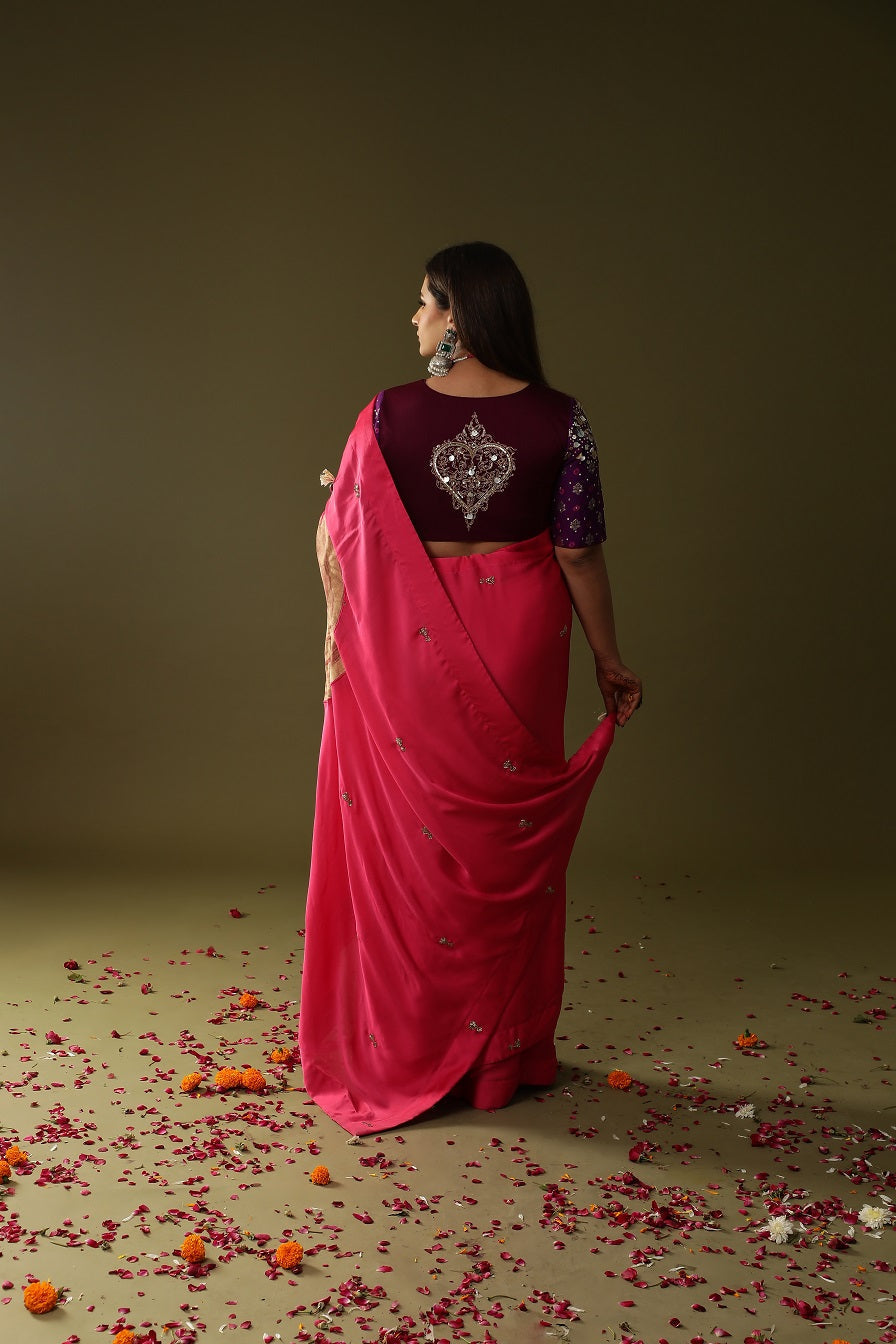 Pink Pre stitched Handpainted Saree set