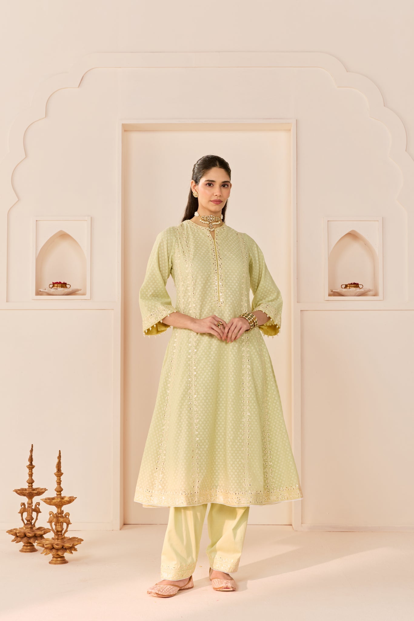 FIRDAUS - MINT GREEN LONG KALIDAAR CHAUGA WITH DOGRI SALWAR AND DUPATTA