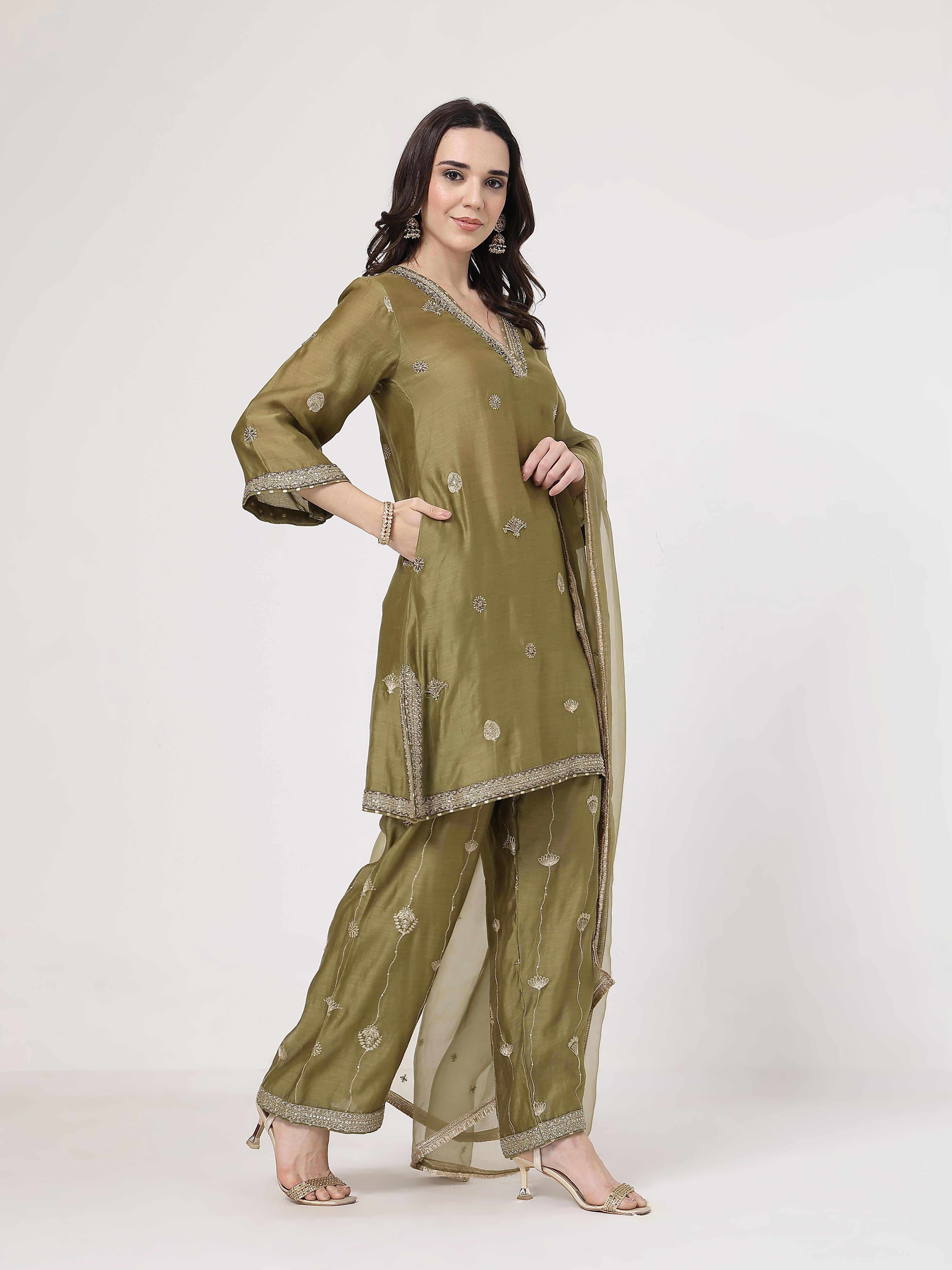 Olive Green Embroidered Suit Set
