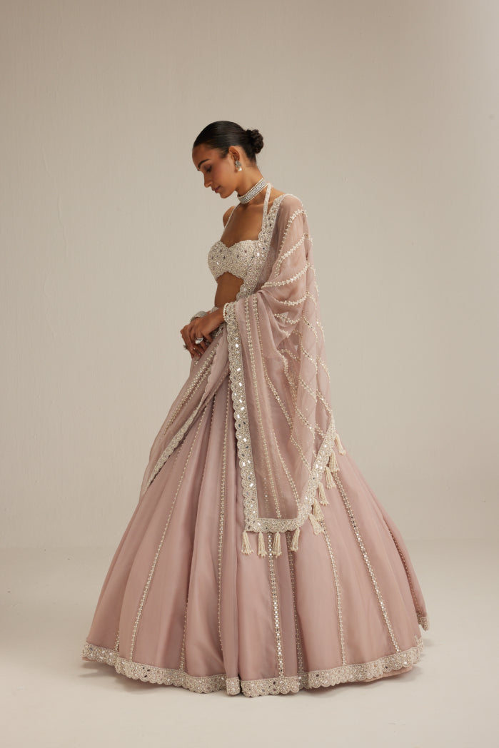 Ash Pink linear embroidered Organza Lehenga Set