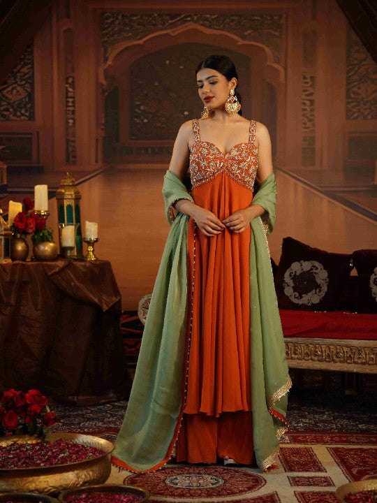 rust georgette Anarkali paired with stylish flared pants - image 4