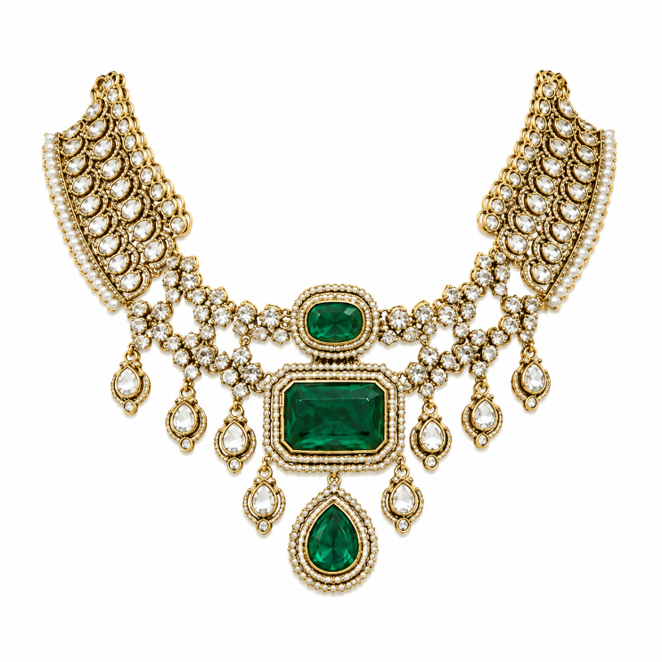 Emerald Green Bridal Polki Necklace Set with Maang Tikka & Statement Earring