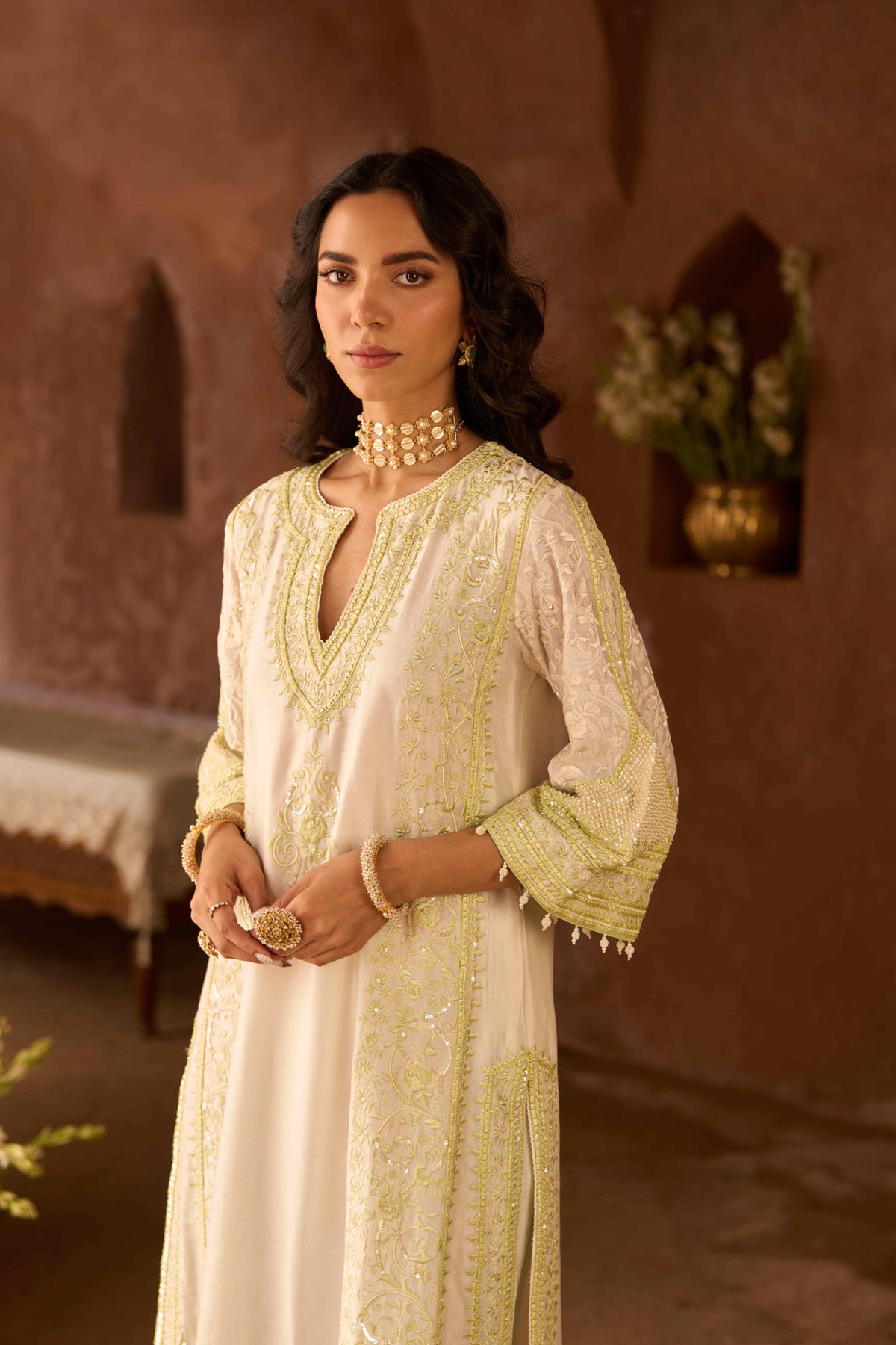 Daisy Ivory & Mint Green Silk Chanderi Kurta Palazzo Dupatta Set