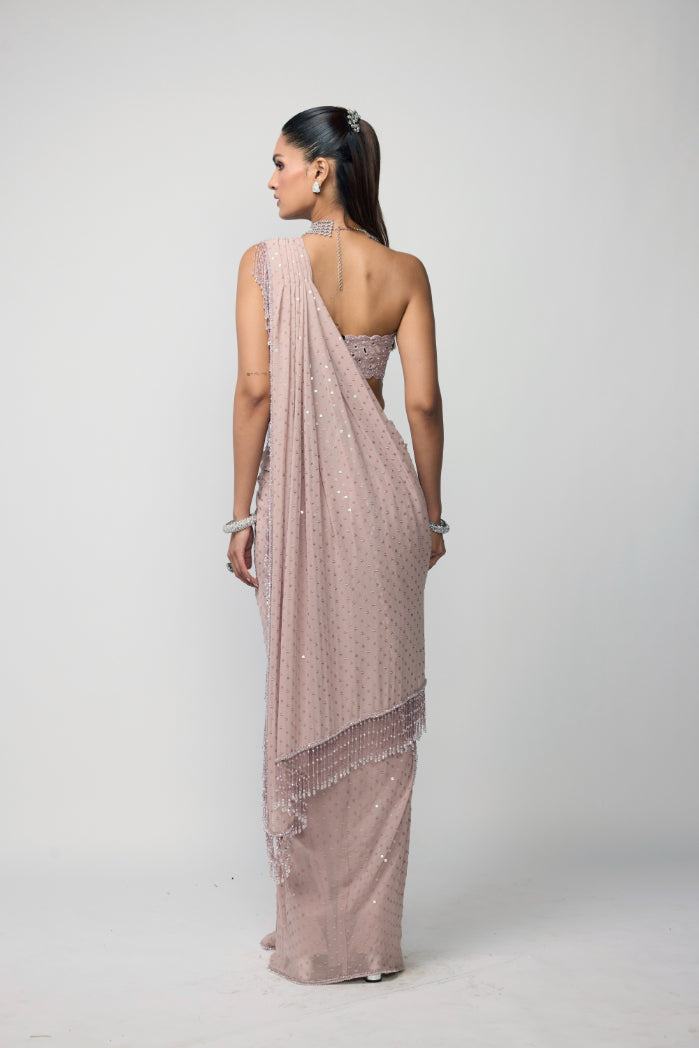 Ash Pink Draped Sequins Embroidered Skirt Set
