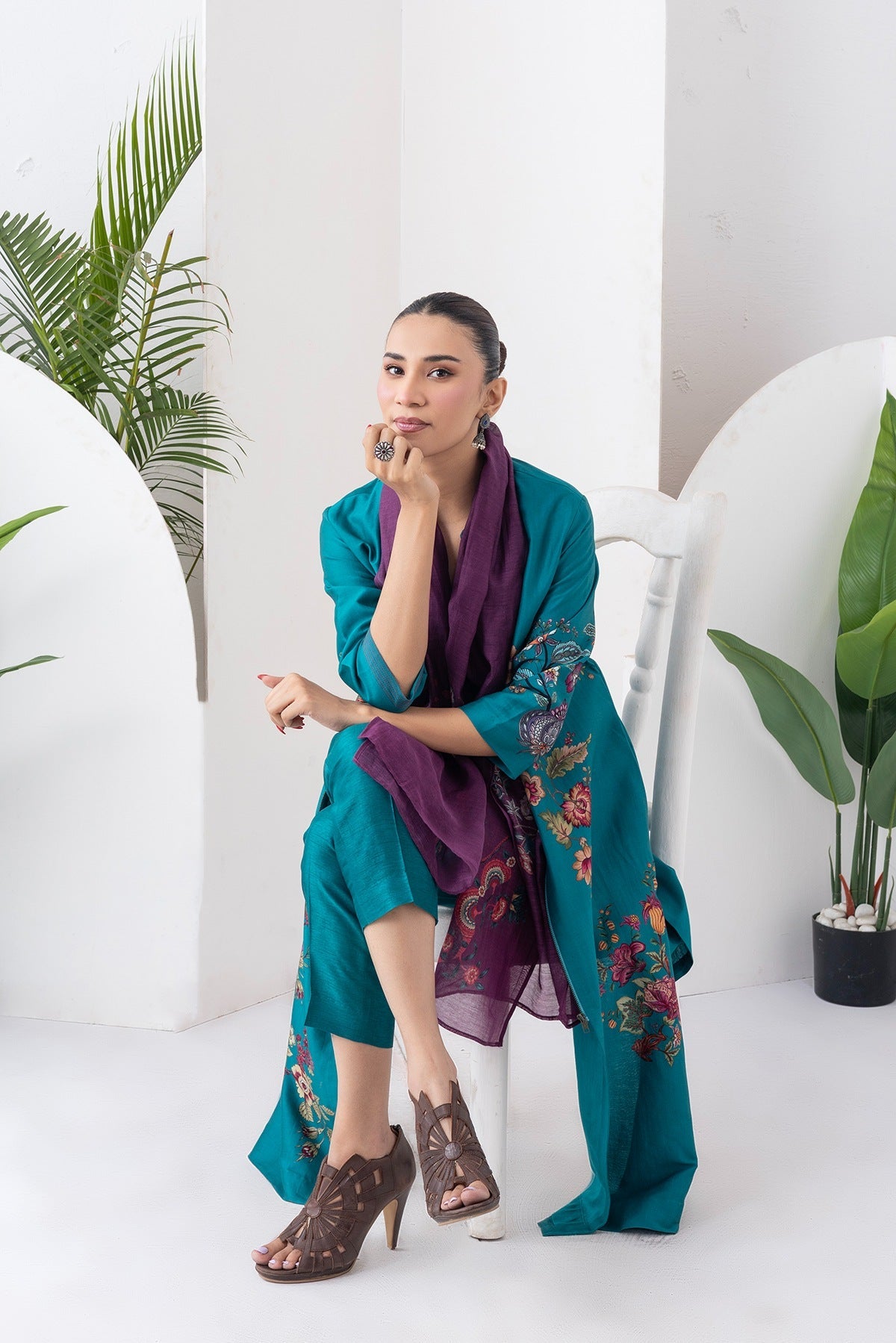 Emerald Silk Chanderi Floral Printed Front-Zip Dress Set (3 PCS)