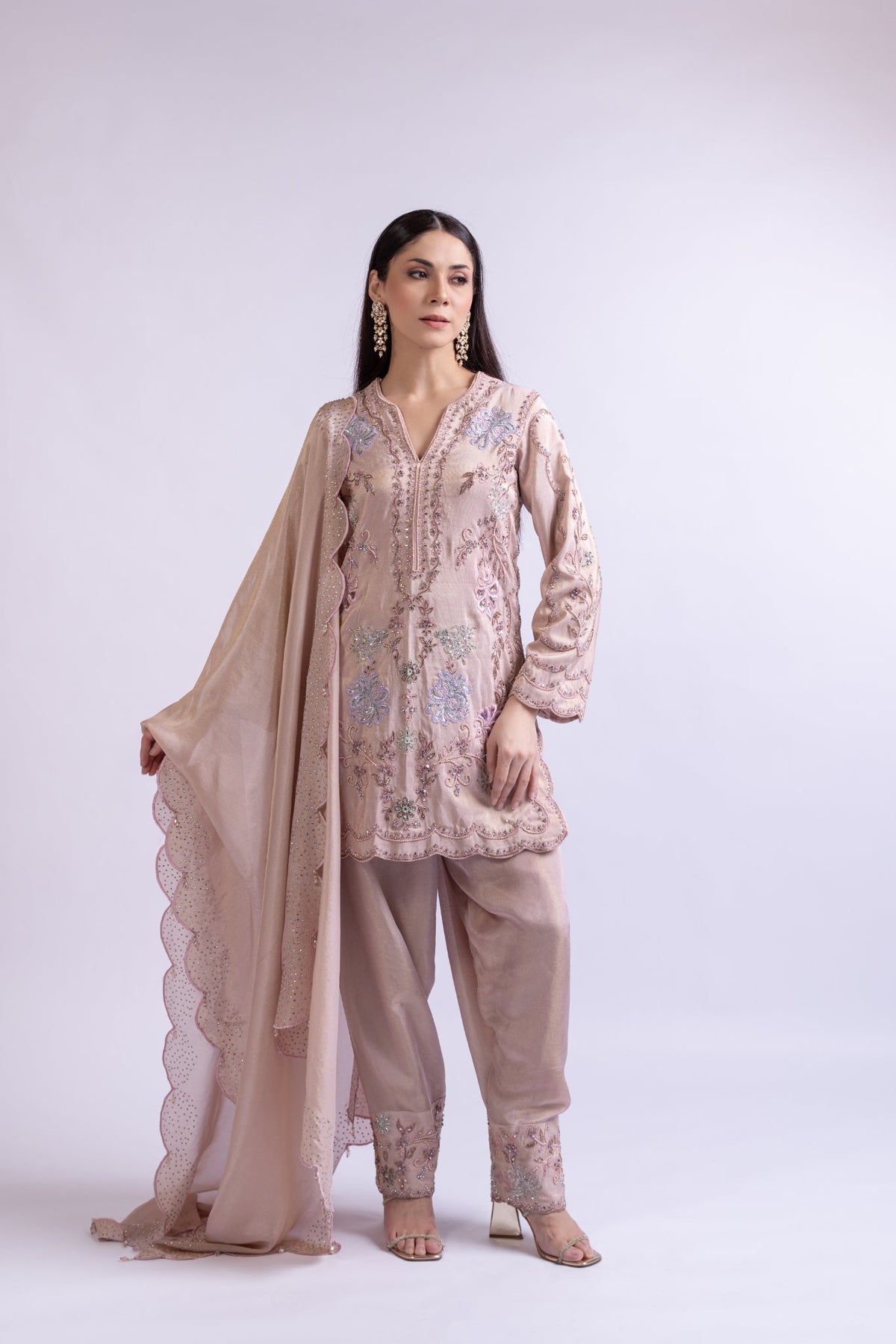 Blush Pink Tissue Embroidered Shirt Set with Dupatta