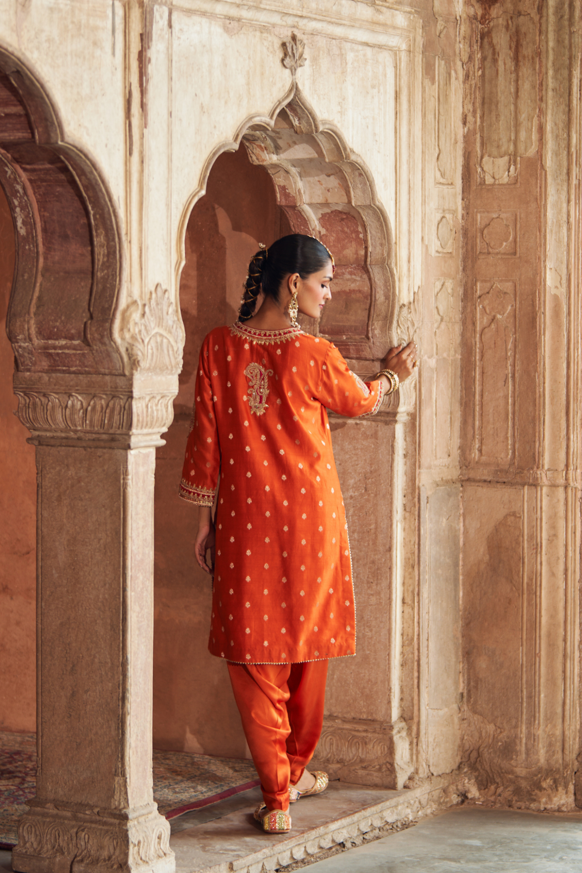 Burnt Orange Chanderi Silk Short Kurta with Dhoti Salwar Set