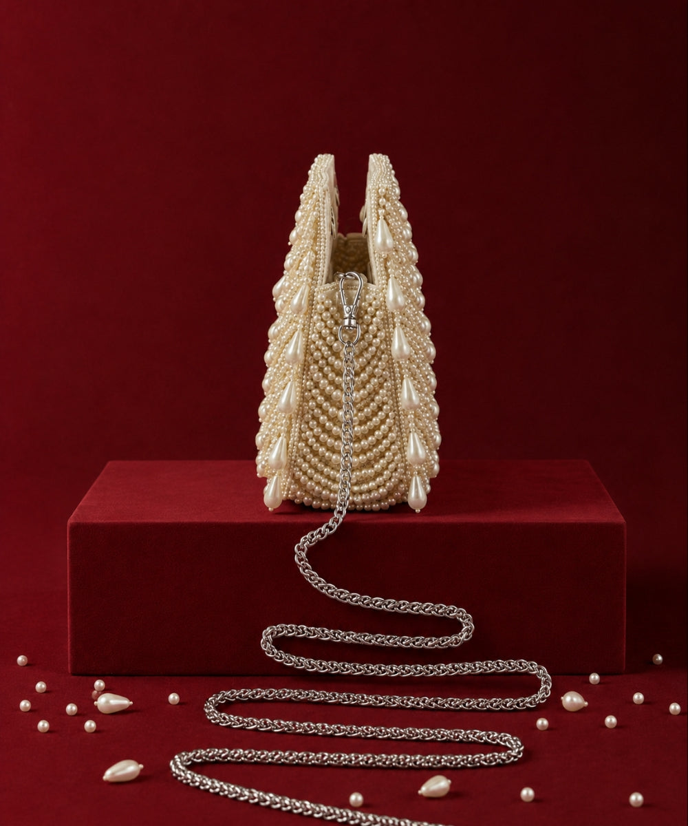 Farah Gold Georgette Pearl Embellished Clutch