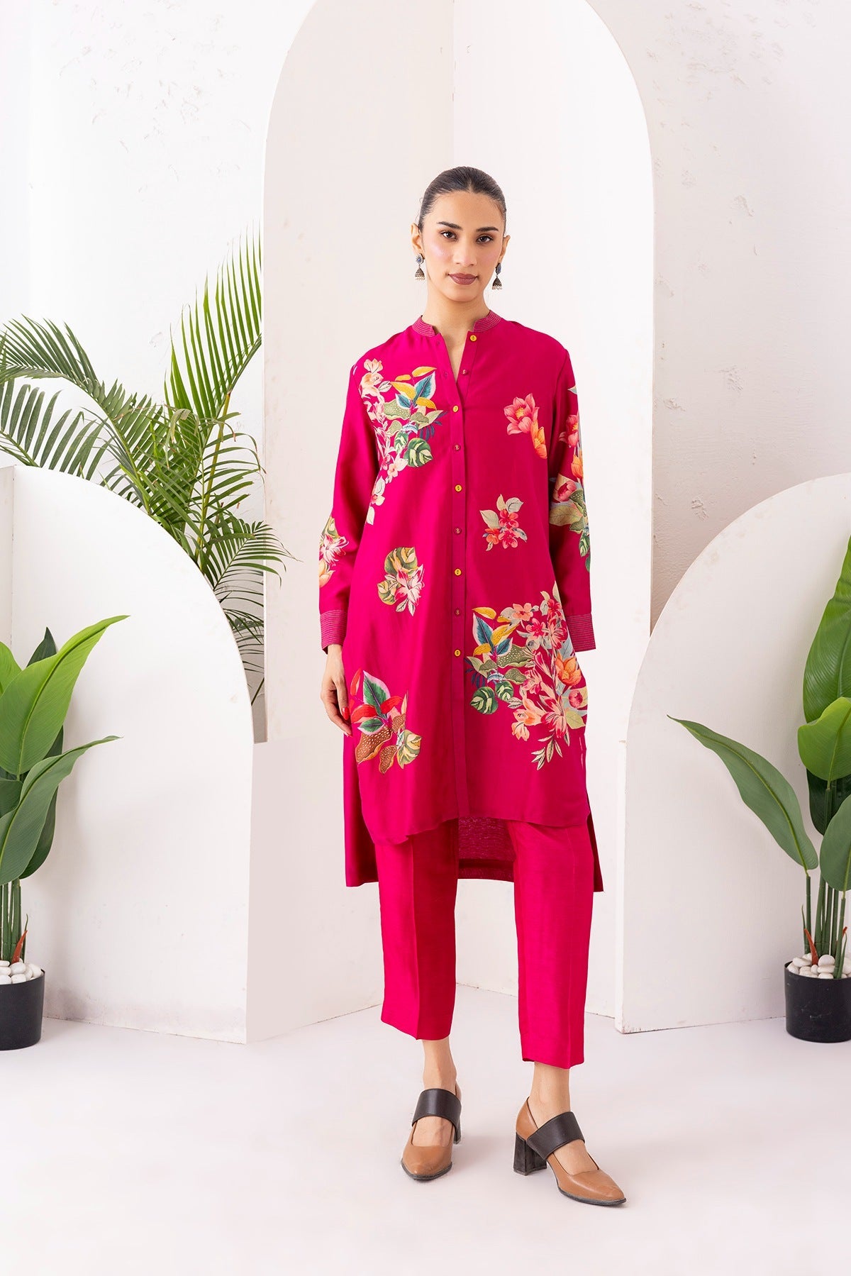 Hot Pink Silk Chanderi Printed Shirt Style Tunic Set (2 PCS)