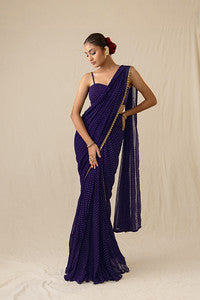 Purple printed bandhej pre-draped saree