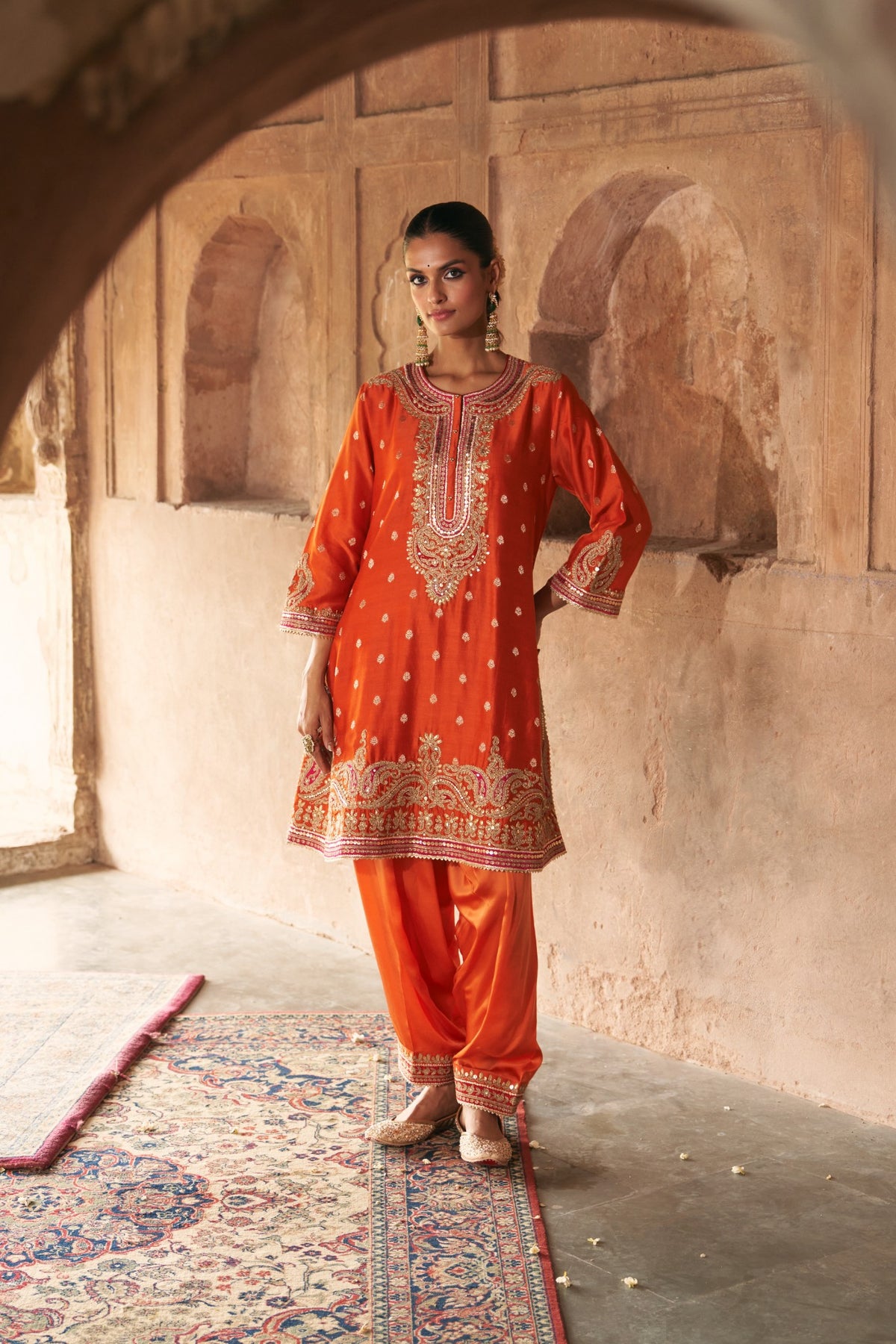 Burnt Orange Pure Banarasi Silk Short Kurta Salwar Set