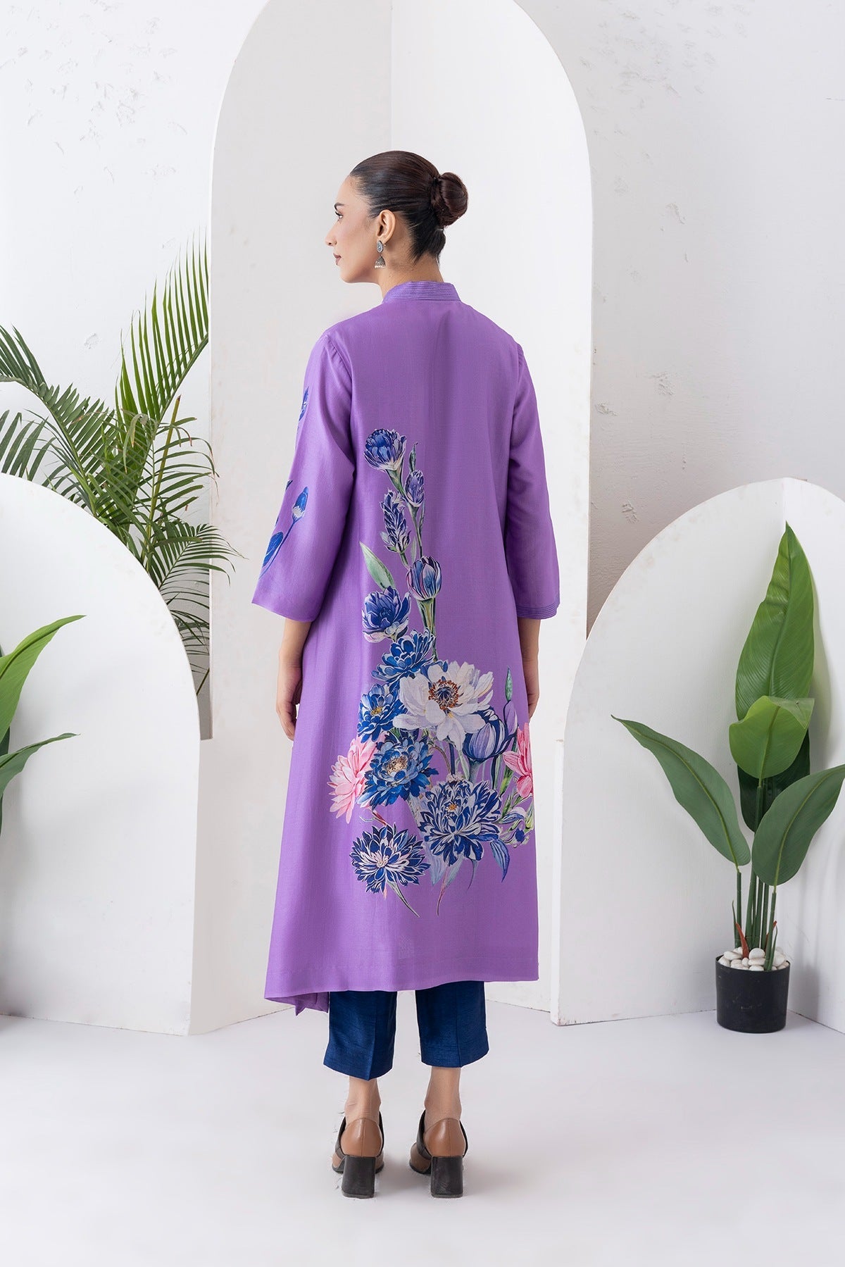 Lavender Silk Chanderi Front Open Printed Dress Set (3 PCS)