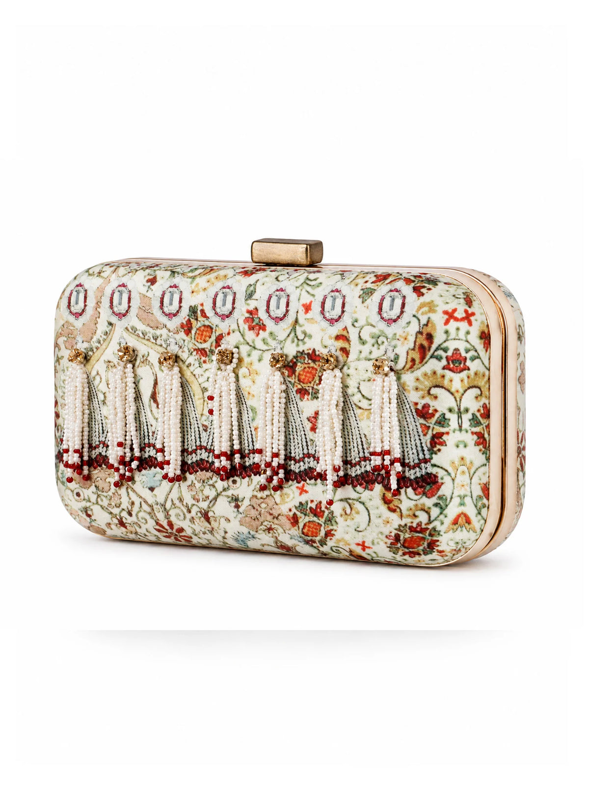 Ivory Floral Print Jewel Clutch Bag with Pearl Tassel