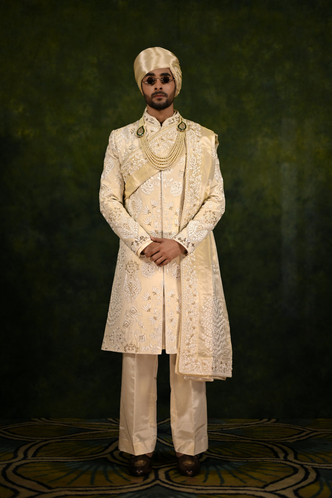 ivory gold crepe tissue threadwork sherwani set