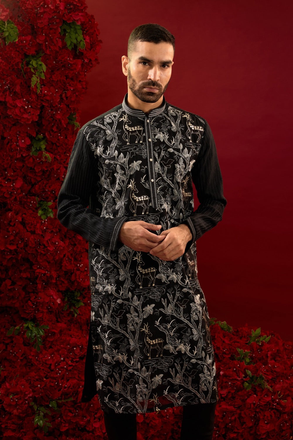 Black silk kurta and pajama with hand and machine work