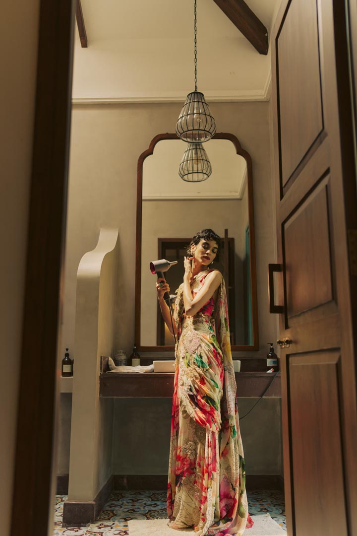 MULTICOLORED PRE DRAPED SAREE SET