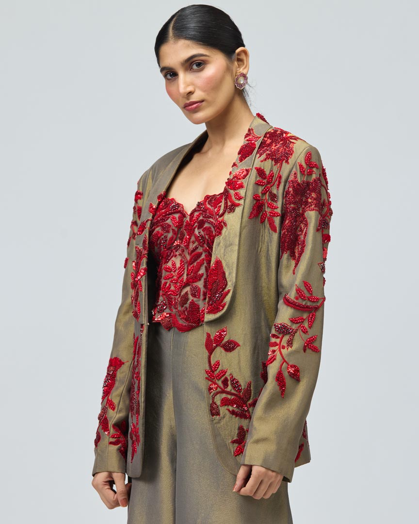 Red Stone Embellished Viscose Satin Jacket Set for Festive Glam