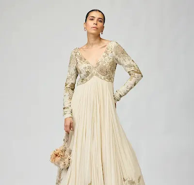 Ivory Embellished Anarkali Set in Silk GGT for Festive Occasions