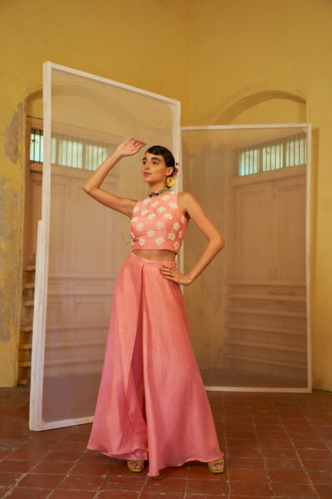 Pink Crop Top with Flap Palazzo Set