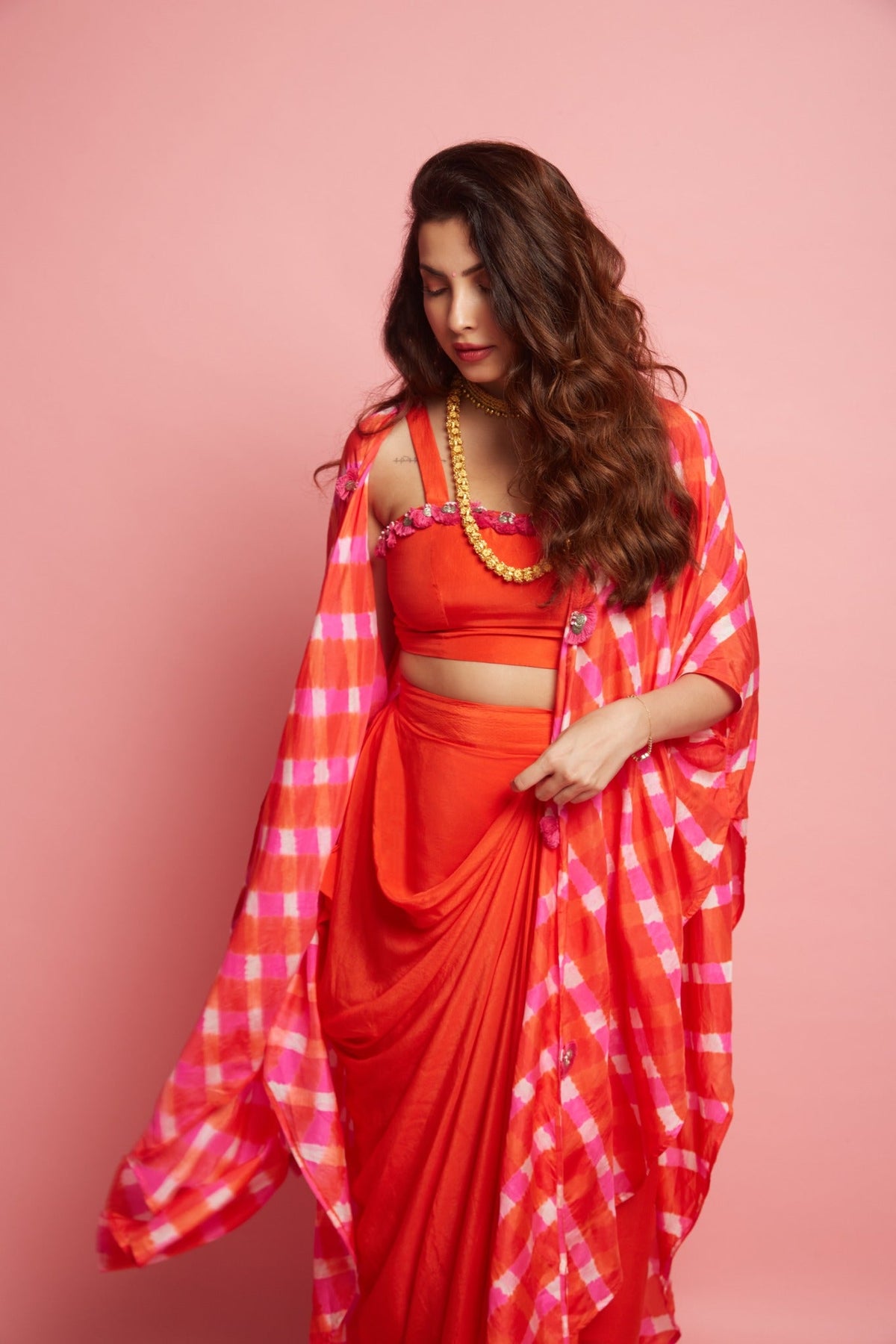 Leheriya Cape Set With Draped Skirt